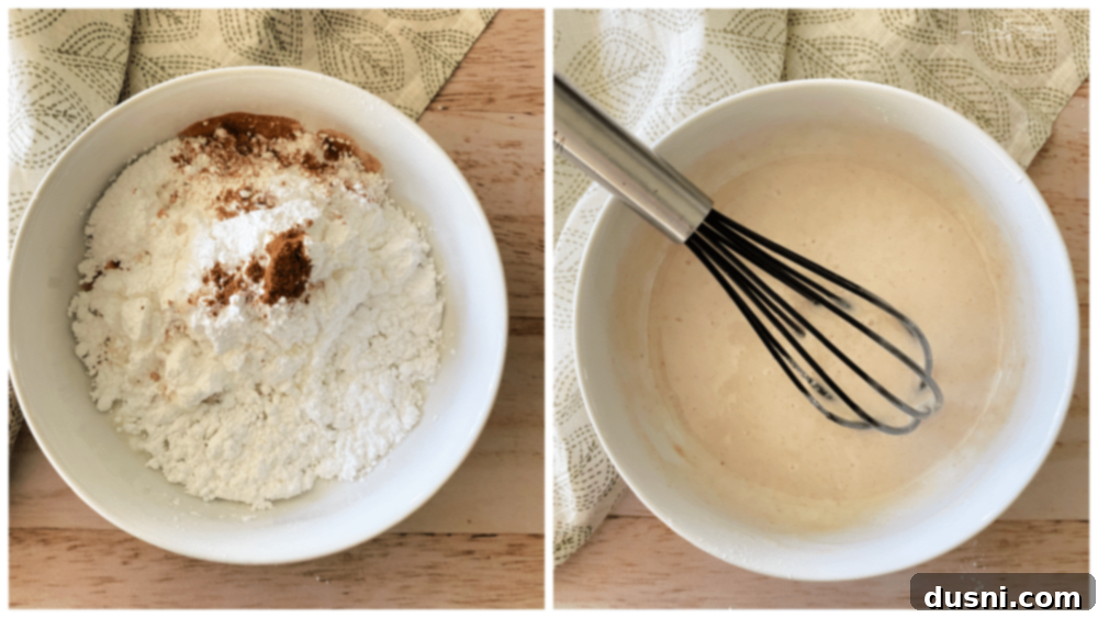 a bowl of sugar and cinnamon with water to make glaze for apple pumpkin strudel