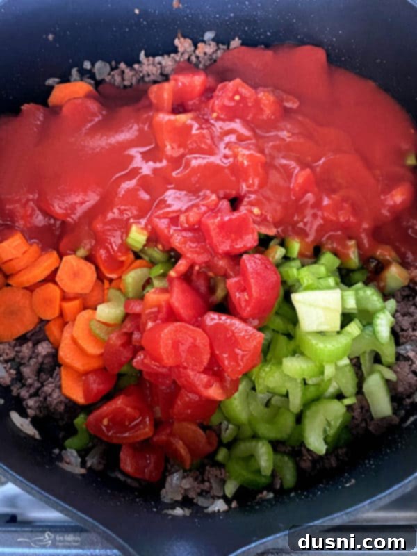 Large pot of simmering American Goulash
