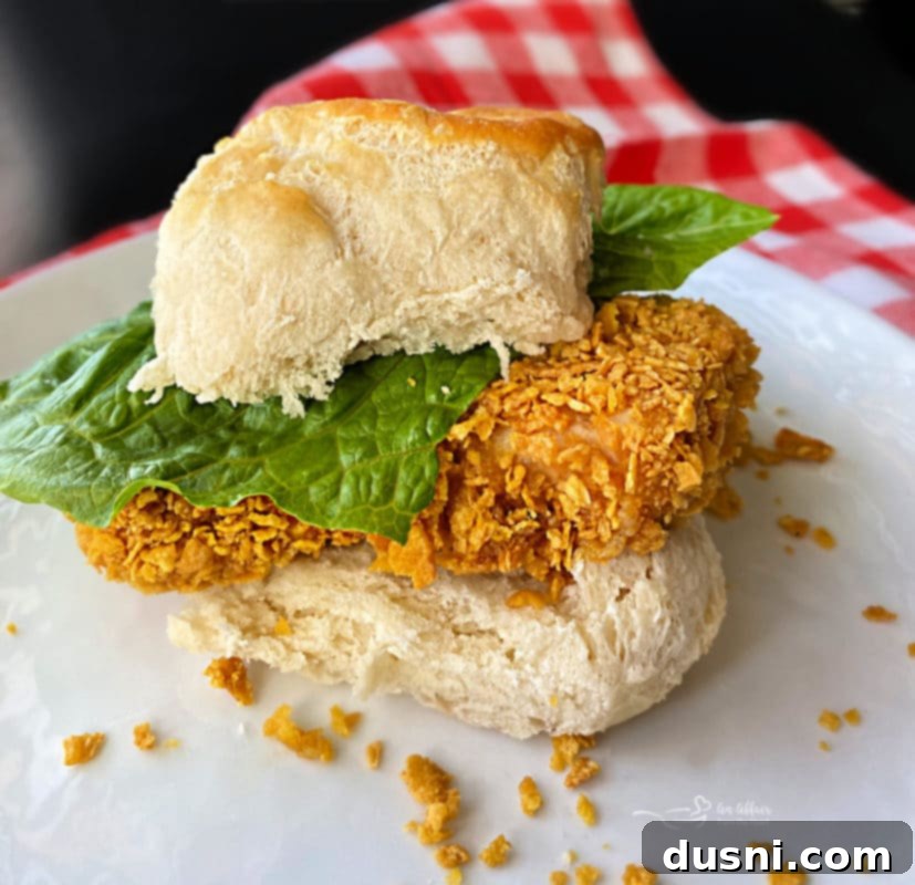 Close up of Crispy Oven Fried Chicken Biscuit Sandwich