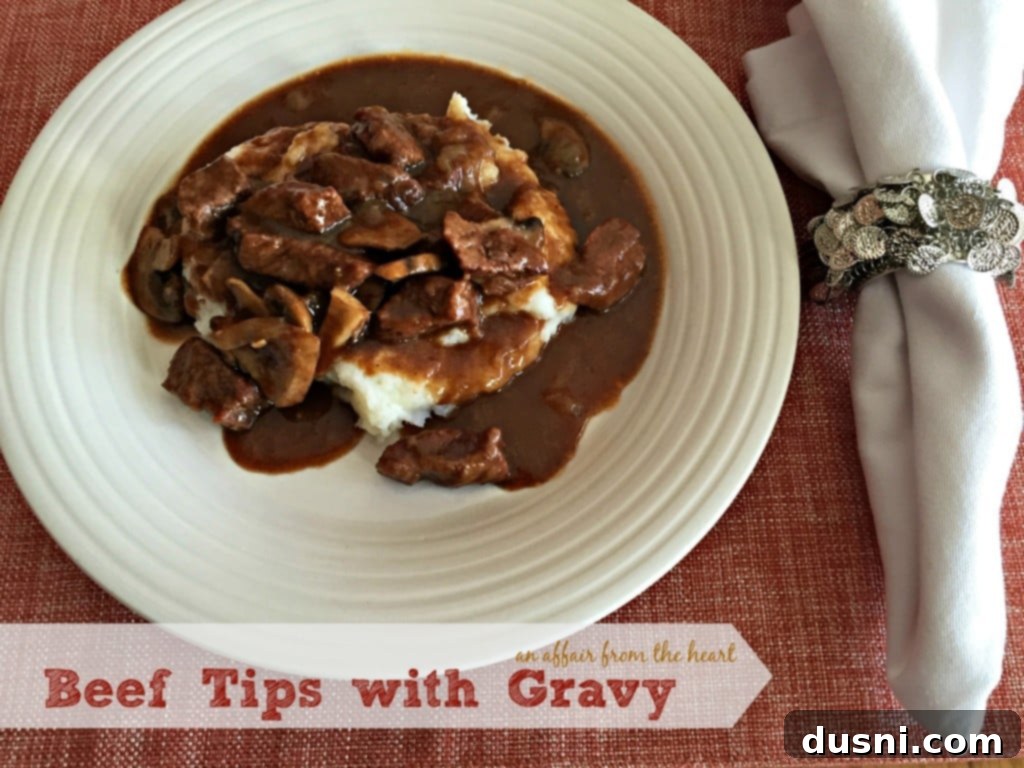 Tender Beef Tips in Rich Gravy 12 A classic, rustic photo of Beef Tips with Gravy in a serving bowl, highlighting its timeless appeal.
