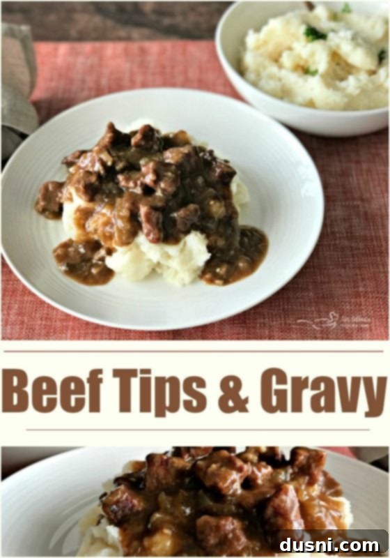 Tender Beef Tips in Rich Gravy 4 Beef Tips & Gravy in a bowl, with a fork, emphasizing a home-cooked, comforting presentation.