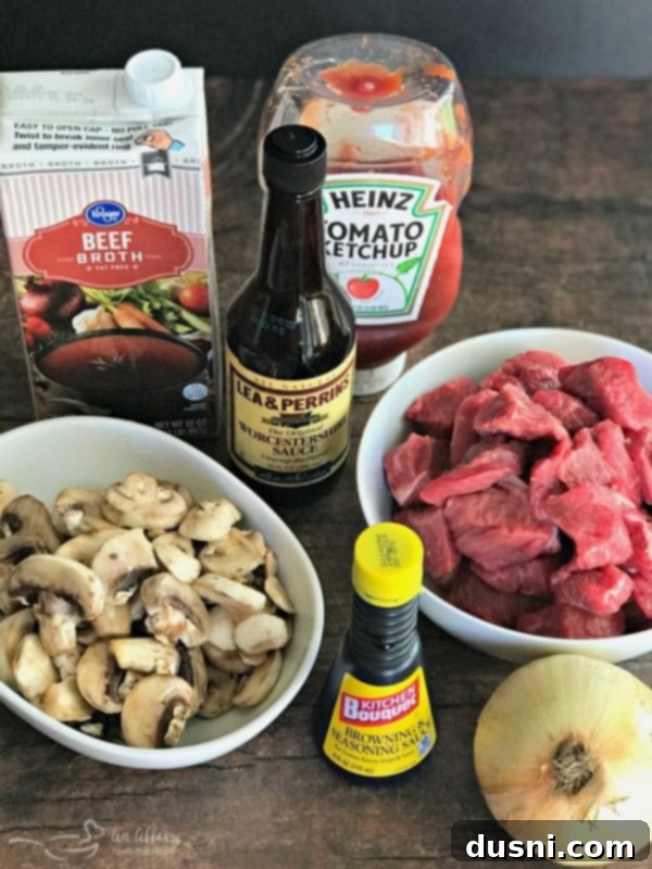 Tender Beef Tips in Rich Gravy 5 Preparation shot of Beef Tips & Gravy ingredients laid out, including diced meat, chopped vegetables, and seasoning.