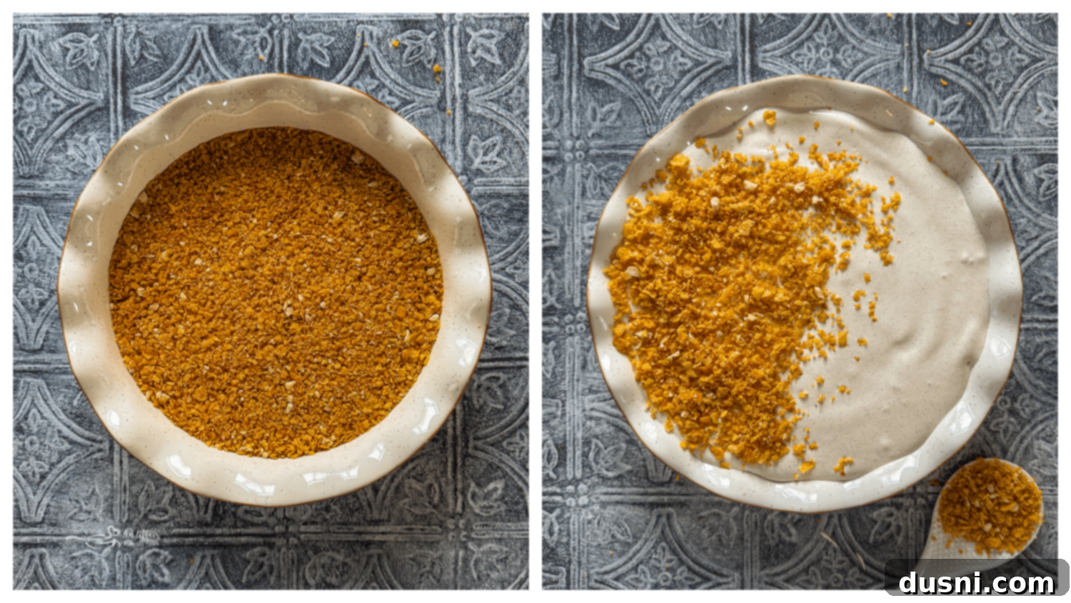 Fried Ice Cream Pie 11 Step-by-step image of assembling the fried ice cream pie in a pie plate with crumb layers