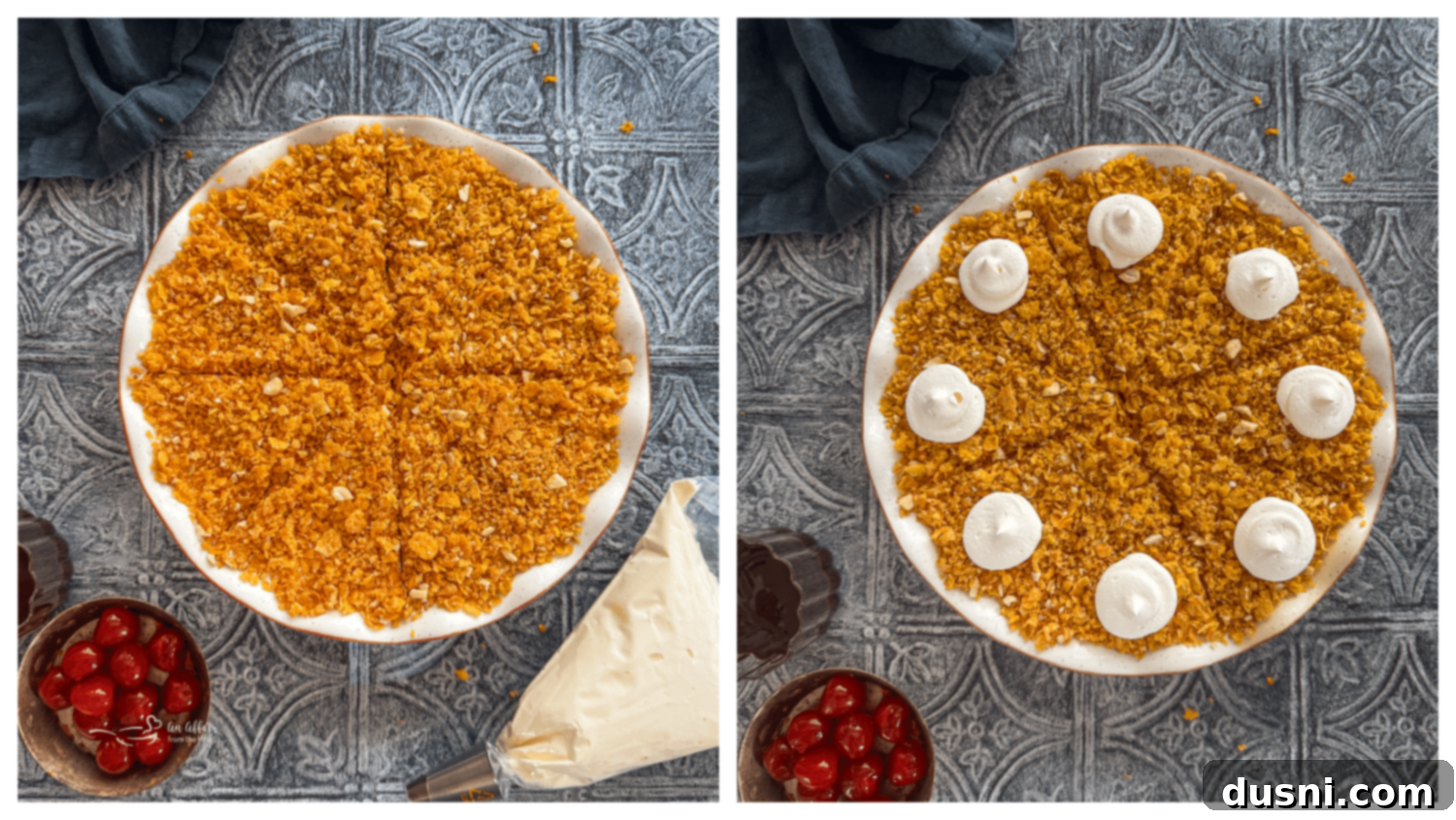 Fried Ice Cream Pie 12 Step-by-step image of garnishing a slice of fried ice cream pie with Redi-Whip, cherry, and chocolate syrup