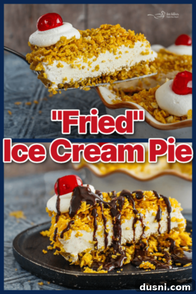 Fried Ice Cream Pie 14 A full fried ice cream pie with a slice removed, showing layers of crust and ice cream
