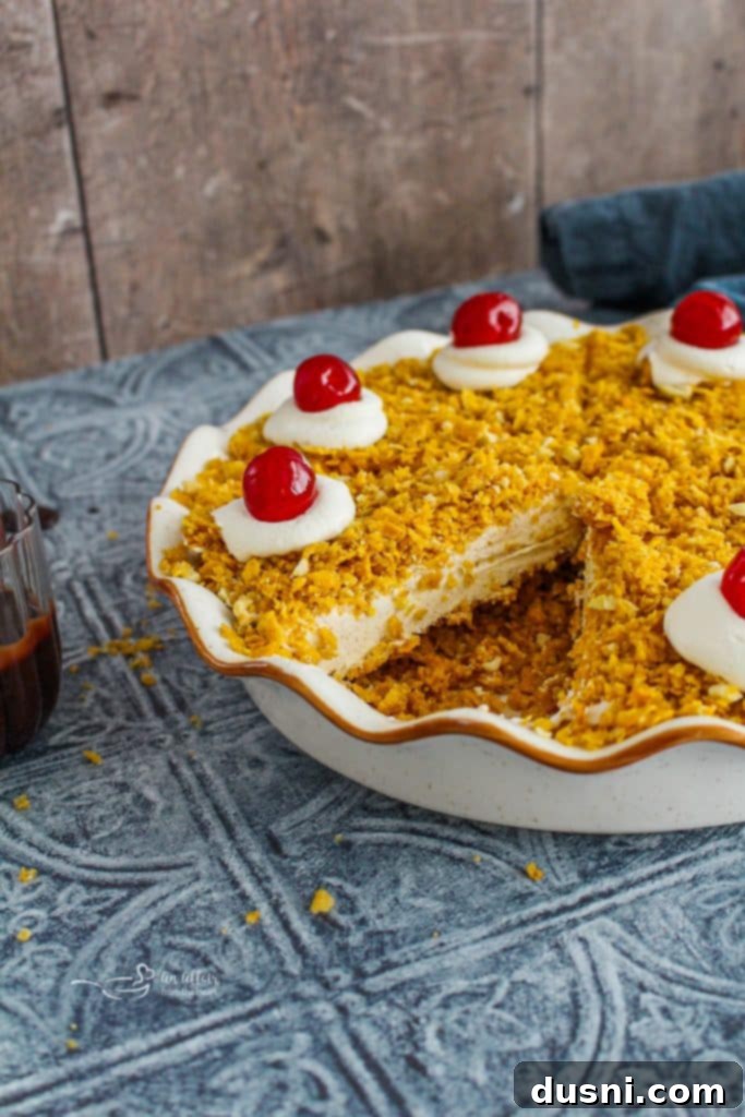 Fried Ice Cream Pie 15 A slice of fried ice cream pie on a plate with garnishes