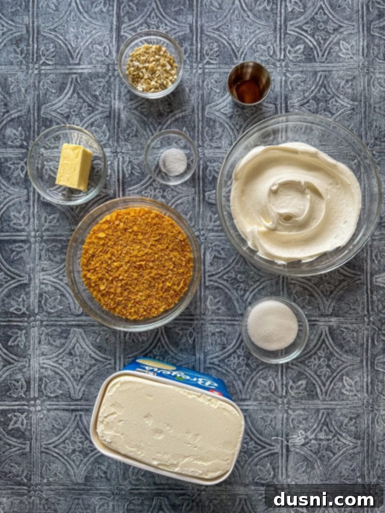 Fried Ice Cream Pie 6 Ingredients for fried ice cream pie laid out: vanilla ice cream, Cool Whip, cinnamon, cornflakes, butter, sugar, salt, cashews