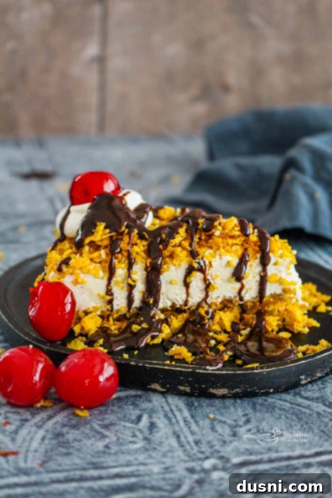 Fried Ice Cream Pie 8 A slice of fried ice cream pie with chocolate and cherry garnish