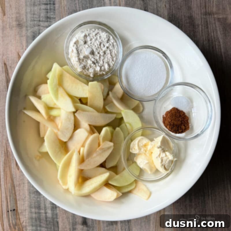 Ingredients for apple crostata laid out on a table