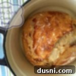 Overhead close up of No Knead Crusty Dutch Oven Bread