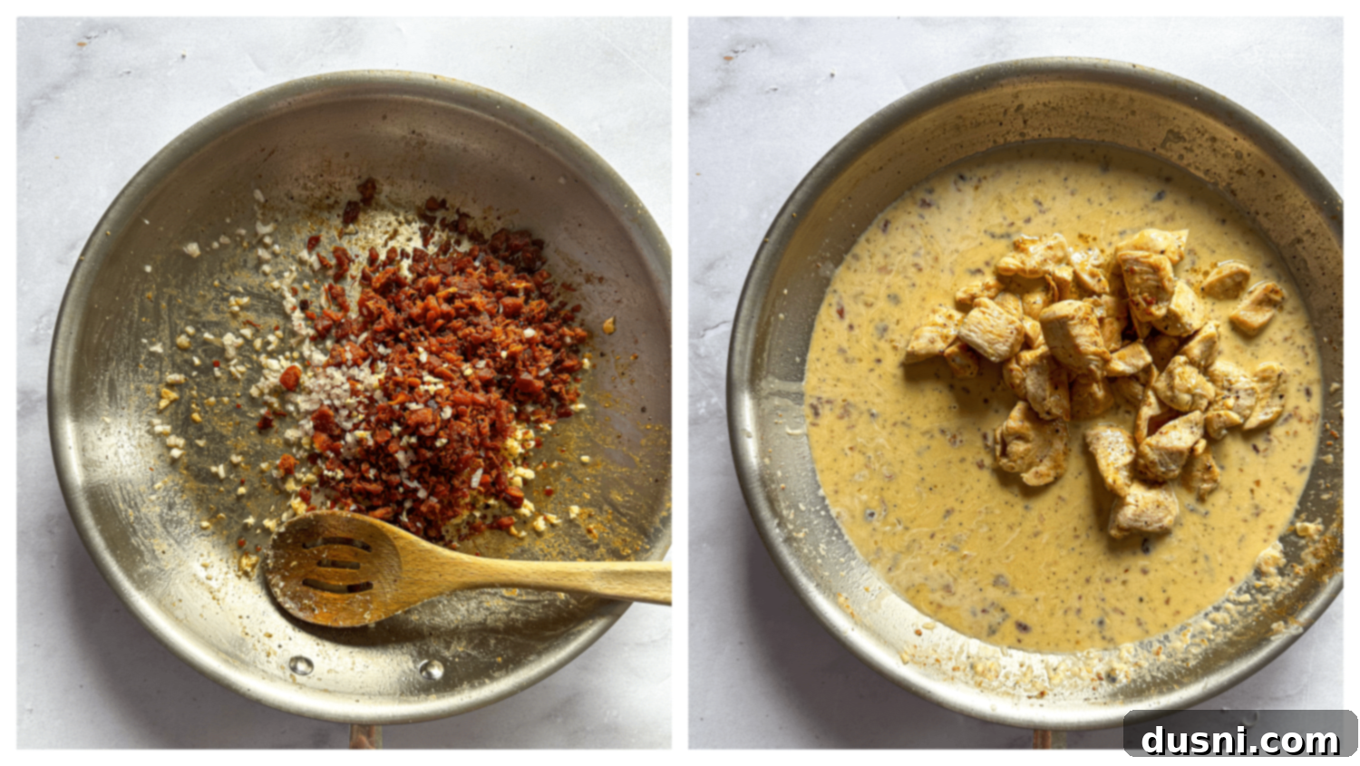 Chopped shallots, minced garlic, and bacon pieces sizzling in a skillet.