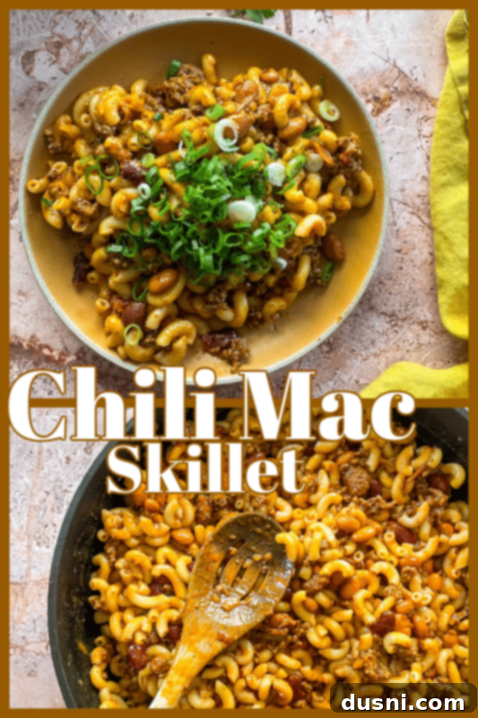 Hearty One-Pan Chili Mac 14 Chili Mac Skillet in a rustic setting.