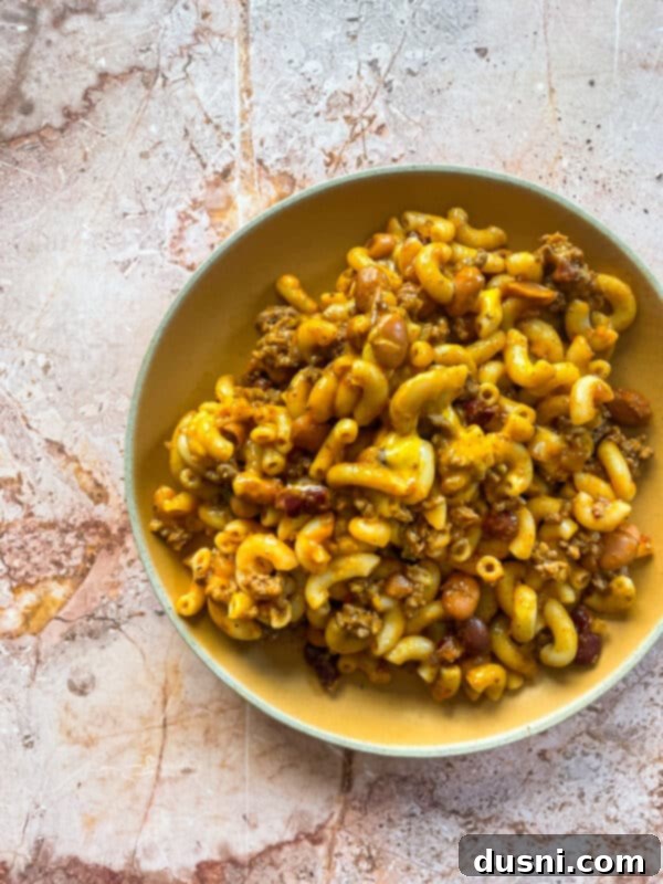 Hearty One-Pan Chili Mac 15 A serving of Chili Mac Skillet in a bowl.