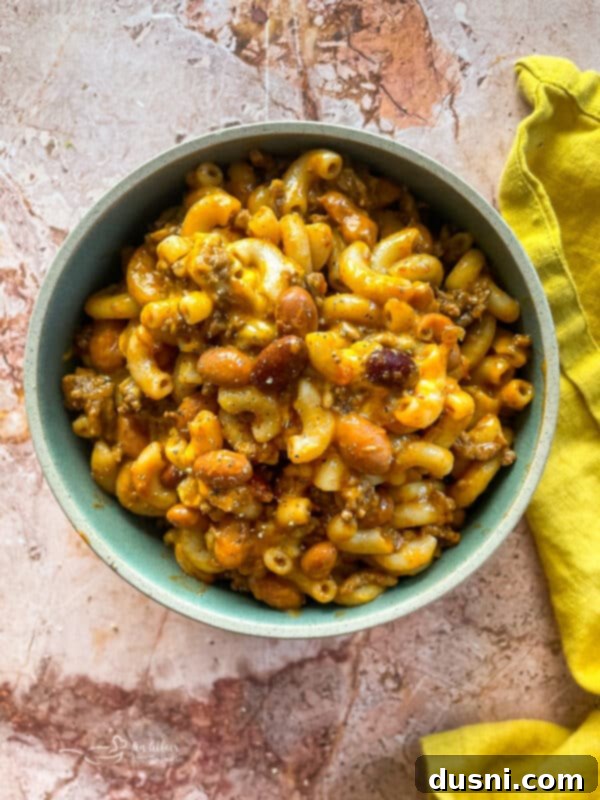 Hearty One-Pan Chili Mac 7 Chili Mac Skillet ready to be served from the pan.