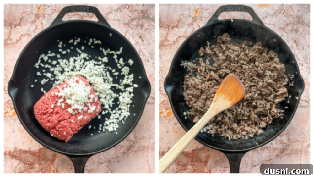 Hearty One-Pan Chili Mac 8 Ground beef and onion cooking in a large skillet.