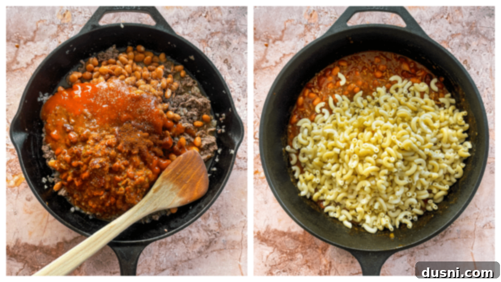 Hearty One-Pan Chili Mac 9 Chili, beans, and tomato soup added to cooked ground beef and onions in a skillet.