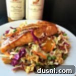 close up of Sesame Ginger Salmon over Crunchy Ramen Slaw