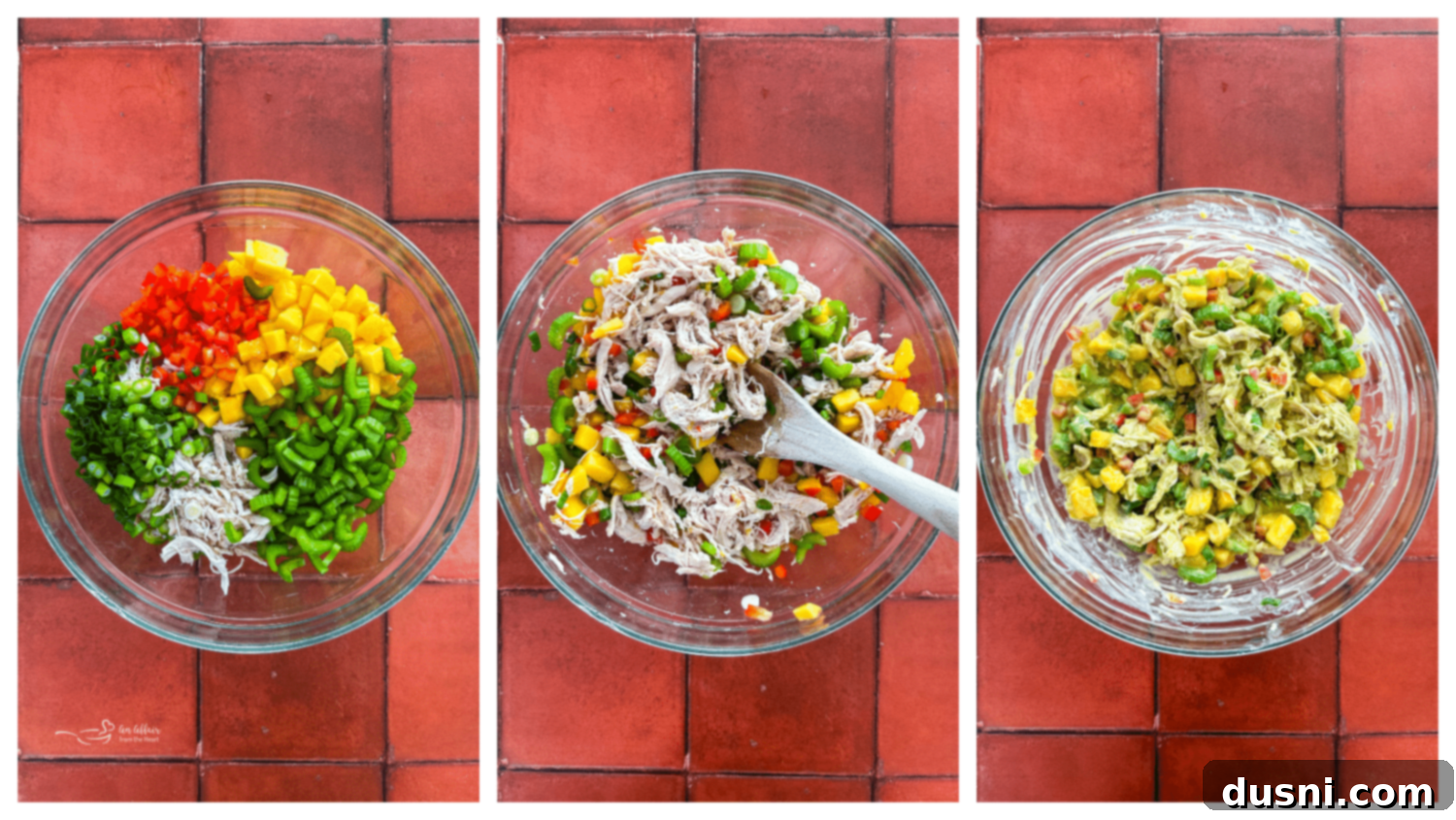 Mixing Peach Basil Chicken Salad ingredients