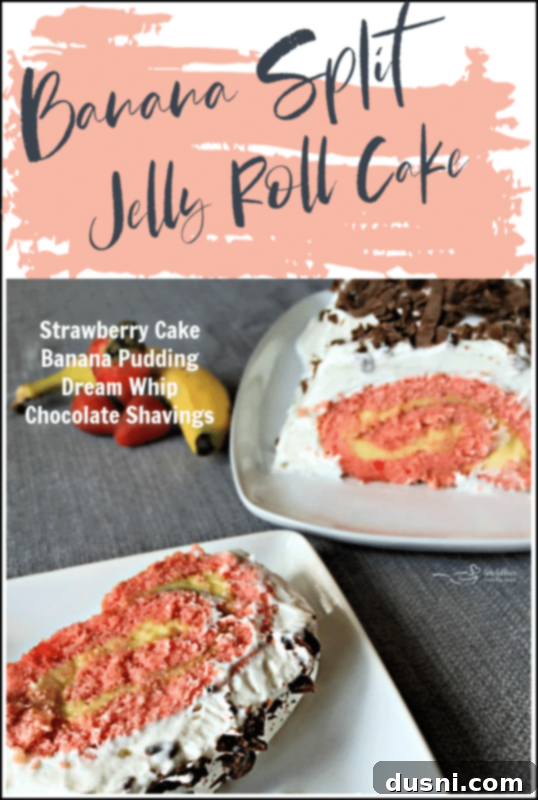 Ultimate Banana Split Jelly Roll 5 A slice of Banana Split Jelly Roll Cake on a white plate with the full roll in the background