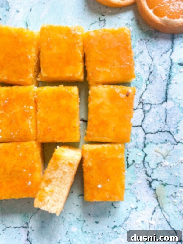 Sunshine Orange Bars 12 Fresh Orange Bars on a blue background, close-up of a square slice.