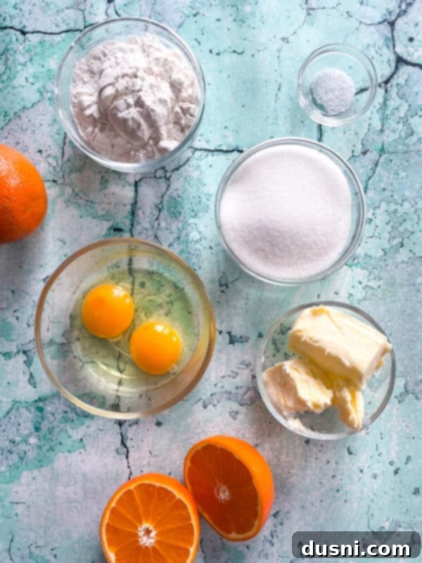 Sunshine Orange Bars 4 Ingredients laid out for Fresh Orange Bars recipe, including oranges, flour, sugar, butter, and eggs.