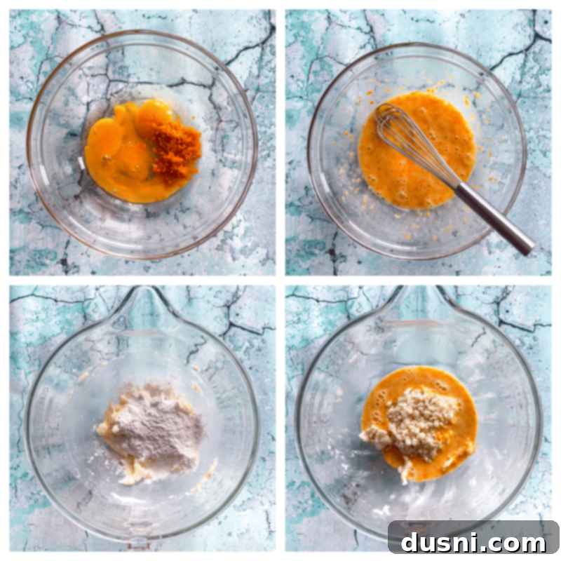 Sunshine Orange Bars 7 Collage showing step-by-step preparation of Fresh Orange Bars batter.