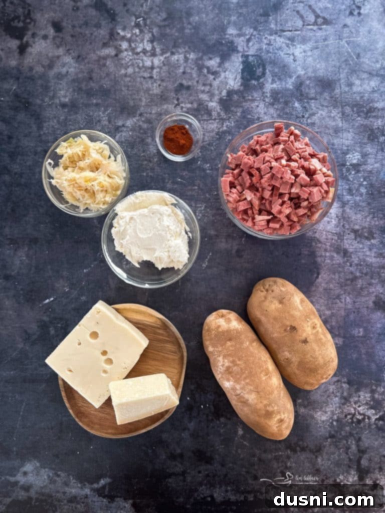 Ingredients for Reuben Stuffed Baked Potatoes