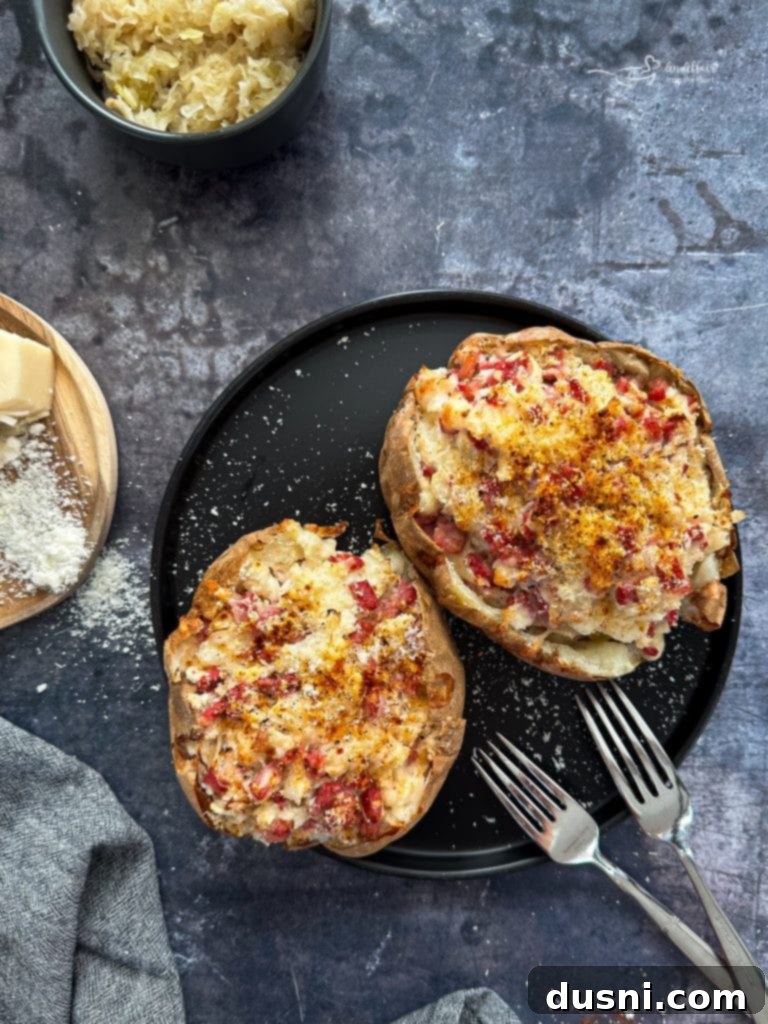 Ingredients for Reuben Stuffed Baked Potatoes on a cutting board