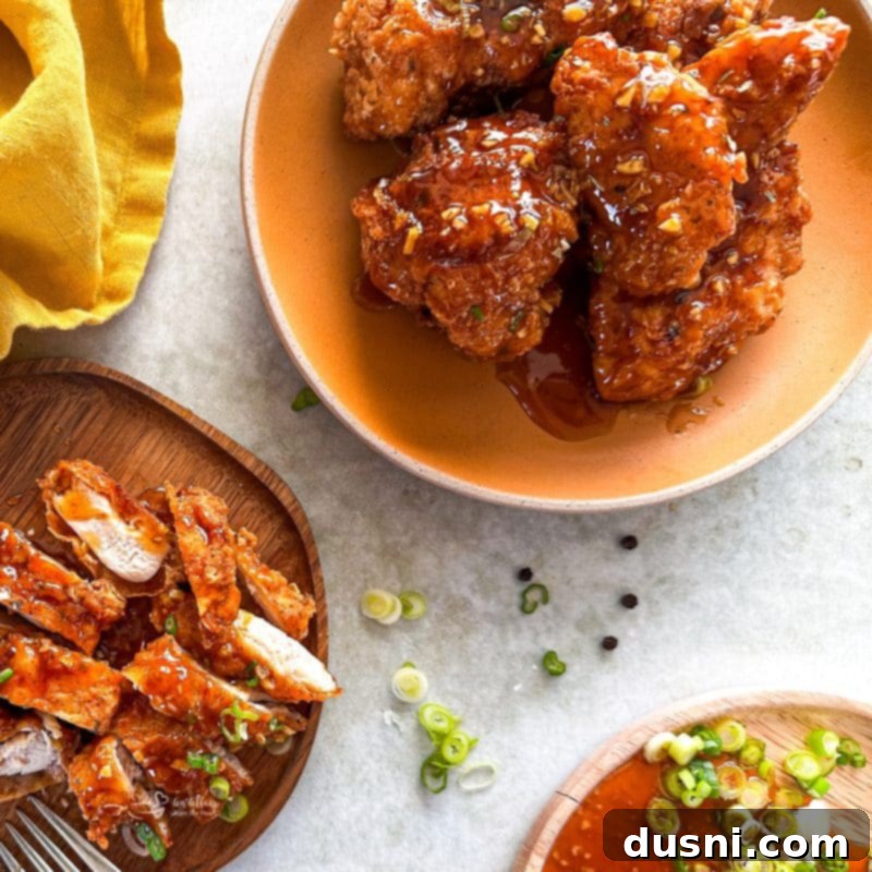 Honey-Glazed Crispy Fried Chicken 13 Crispy honey chicken served with green onions.