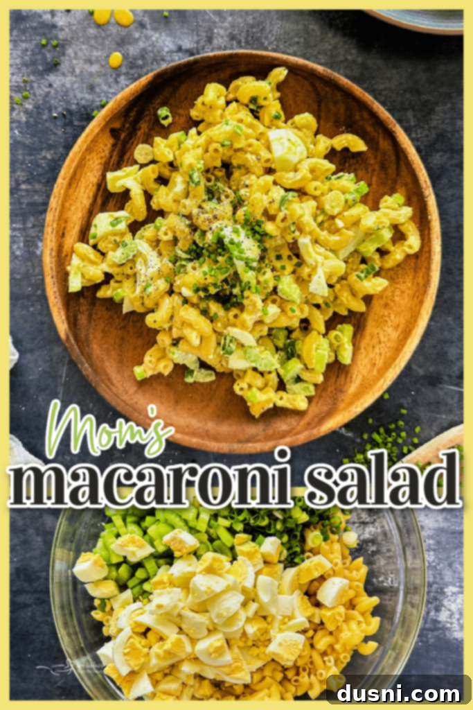A graphic featuring the Mom's Macaroni Salad recipe title and an image of the dish.