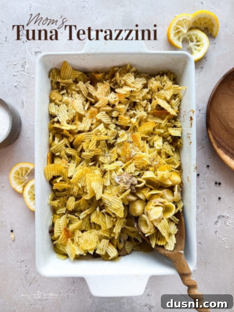 Full Tuna Tetrazzini Casserole in a serving dish, ready to be enjoyed