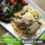 Overhead image of Creamy Chicken Pasta with Green Onions & Mushrooms