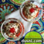 Irresistible Banana Split Yogurt Parfait 7 Overhead of parfaits with text "Banana Split Yogurt Parfait"