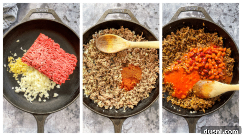 Ground beef and chili ingredients being mixed in a pan.