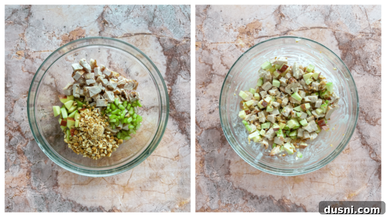 Mixing all ingredients for apple chicken salad in a large bowl.