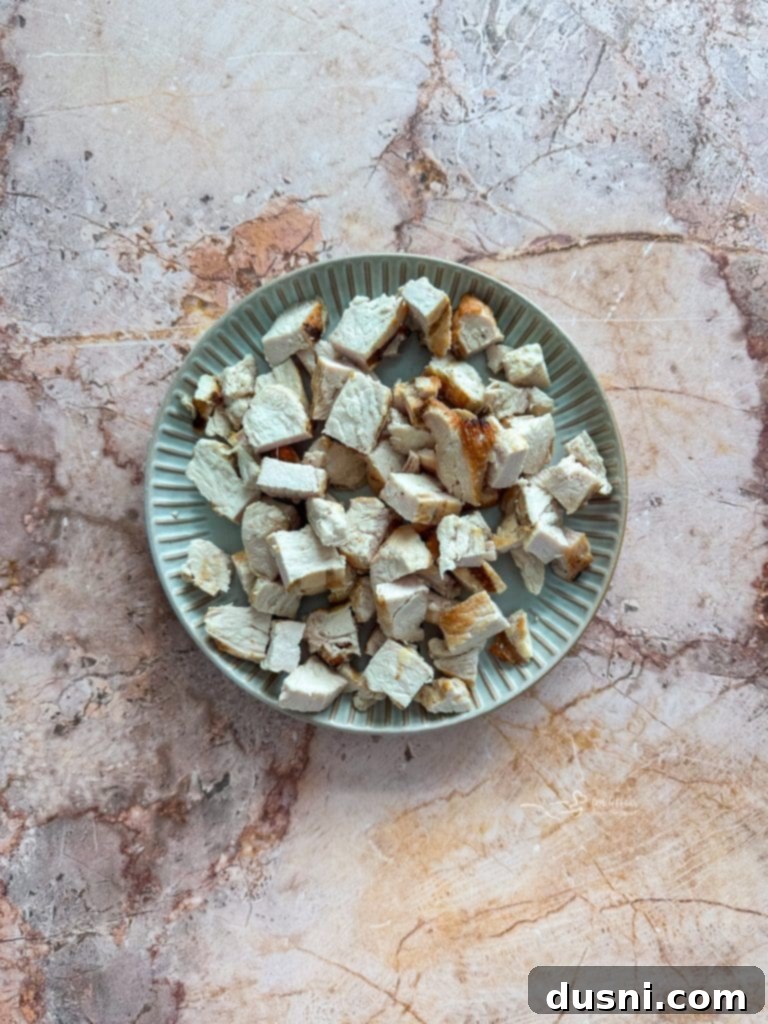 Diced chicken pieces ready for the salad.