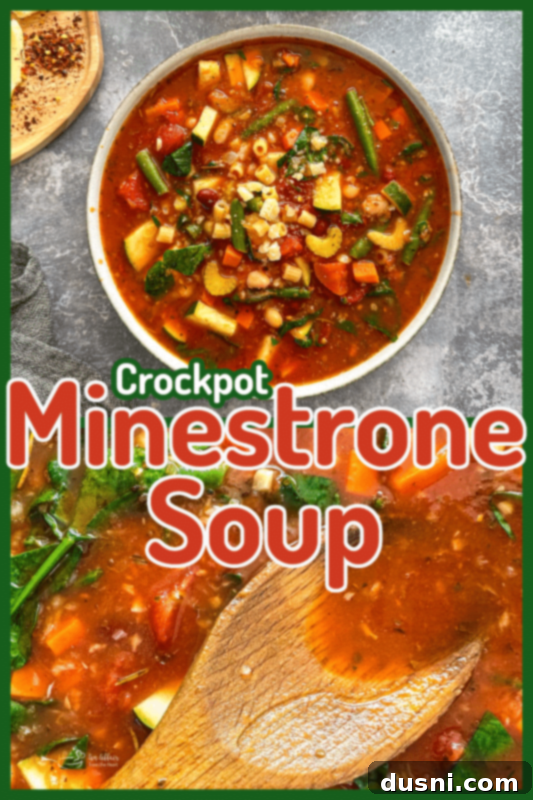 Simmered Garden Minestrone 11 A bowl of Crockpot Minestrone Soup with a spoon.