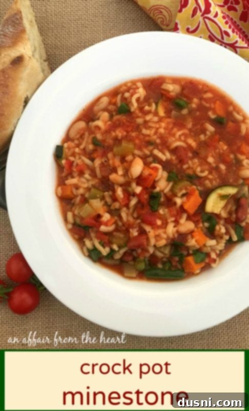 Simmered Garden Minestrone 18 overhead of minestrone with text "Crock Pot Minestrone"