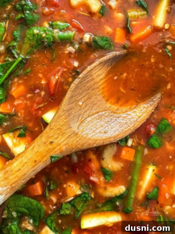 Simmered Garden Minestrone 3 Close-up of a bowl of Minestrone Soup with steam rising.