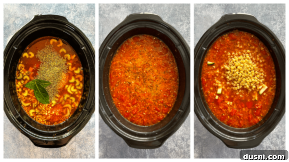 Simmered Garden Minestrone 8 First step of cooking crock pot minestrone: adding initial ingredients.