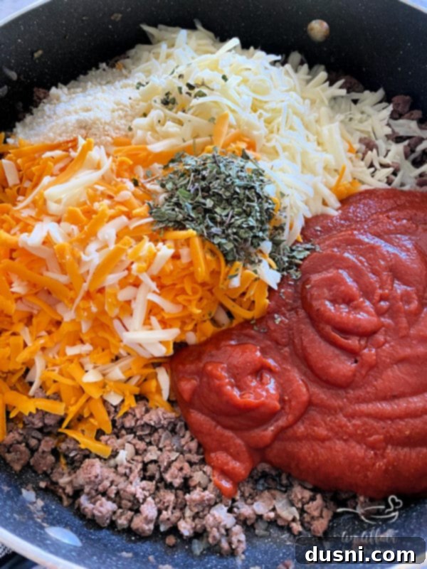 Pizza Burger Melts 4 Prepping the ground beef and onion mixture for Open-Faced Pizza Burgers