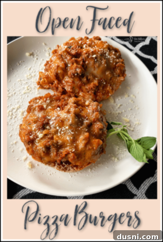 Pizza Burger Melts 8 Pinterest Pin image for Open-Faced Pizza Burgers