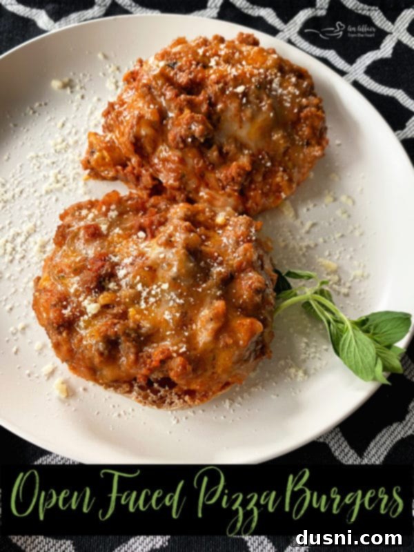 Pizza Burger Melts 9 A serving of Open-Faced Pizza Burgers with a rustic background