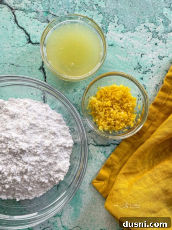 ingredients for lemon glaze: fresh lemon zest, fresh lemon juice, and powdered sugar in separate piles