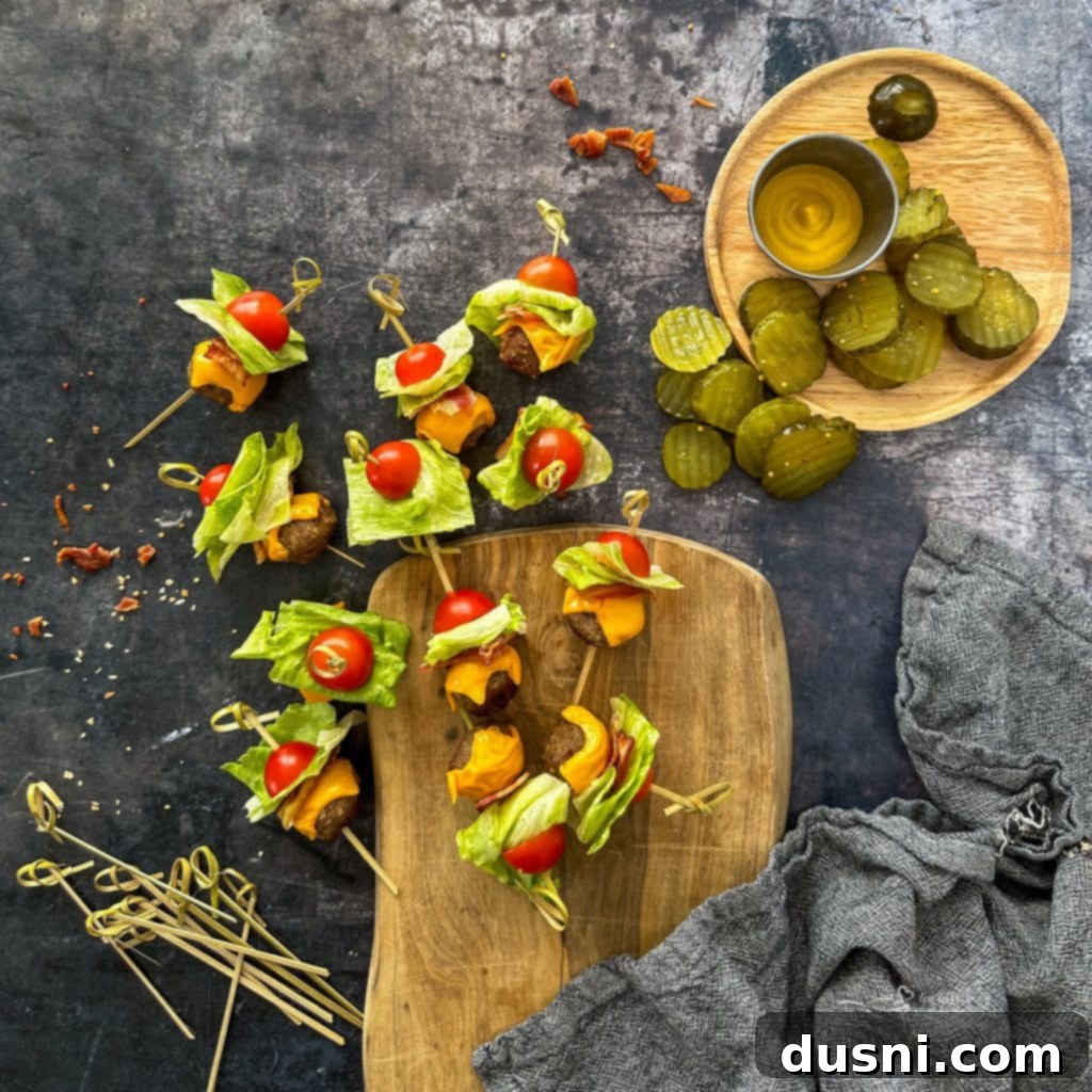 Variety of Bacon Cheeseburger Meatballs with different topping arrangements