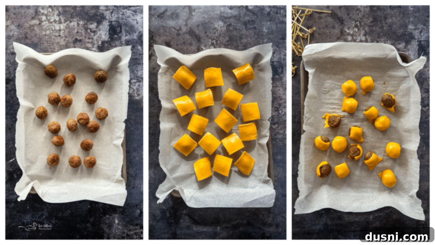 Baking sheet with frozen meatballs ready for the oven