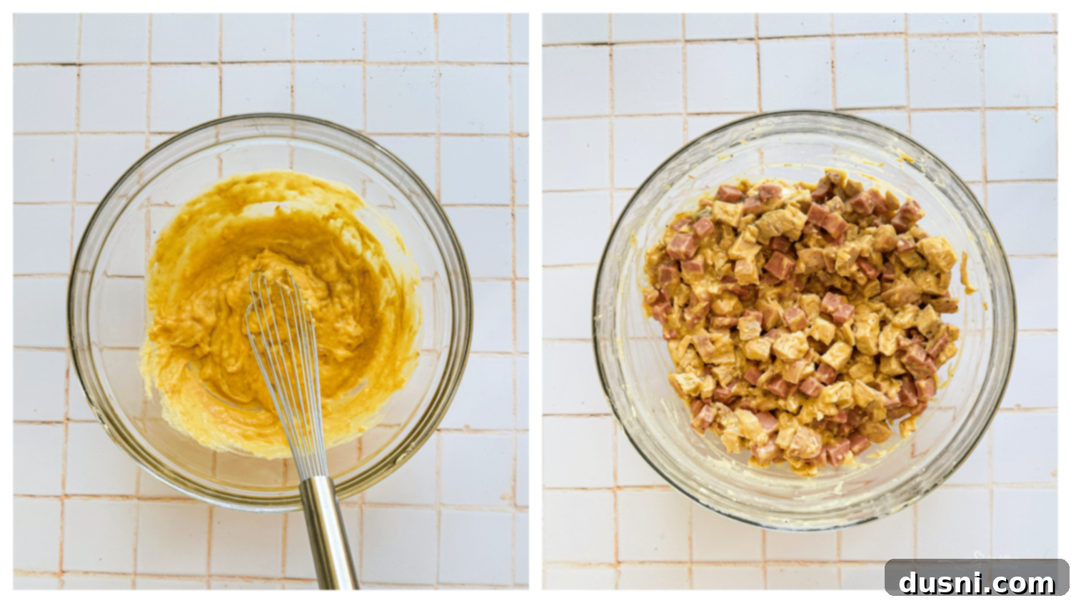 Creamy Chicken Cordon Bleu Bake 6 Step-by-step image showing cream of chicken soup and Dijon mustard being whisked together in a bowl.