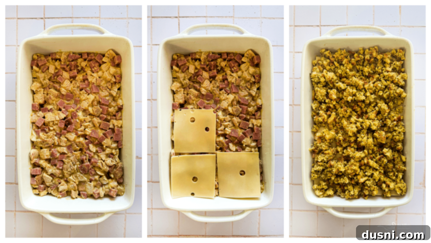 Creamy Chicken Cordon Bleu Bake 7 Step-by-step image showing cooked chicken and diced ham being stirred into the soup and mustard mixture.