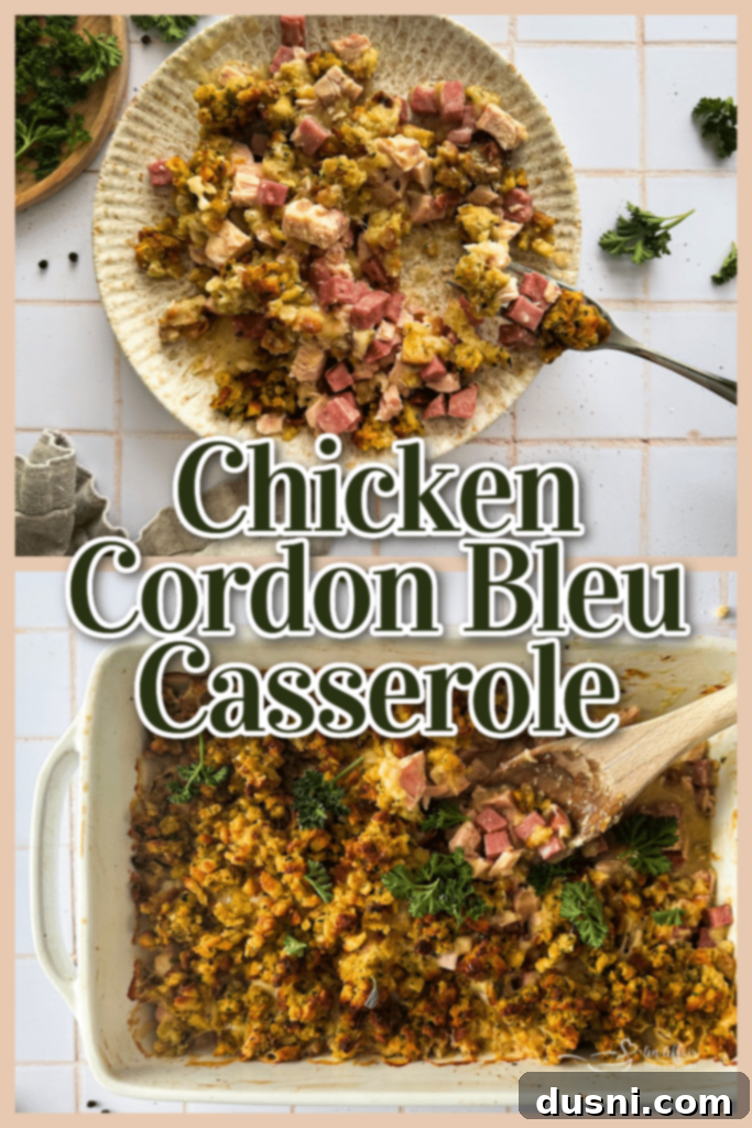 Creamy Chicken Cordon Bleu Bake 9 A serving of Chicken Cordon Bleu Casserole on a plate, garnished with fresh parsley, highlighting its golden crust and creamy interior.