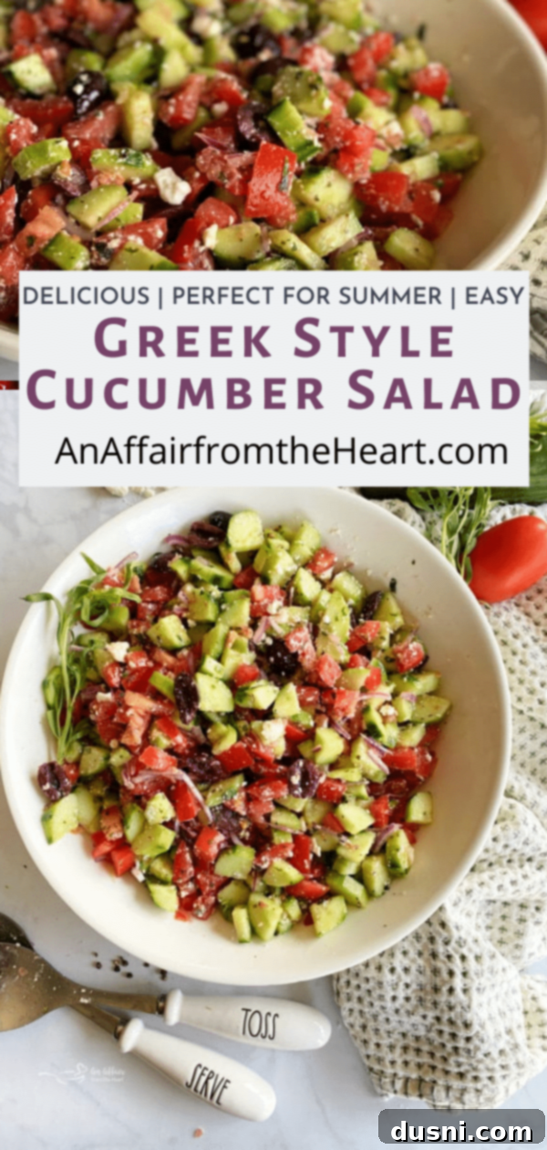 Hellenic Cucumber Medley 10 Pinterest graphic for Greek Style Cucumber Salad: 'LOVE IT? PIN IT!' with salad image.